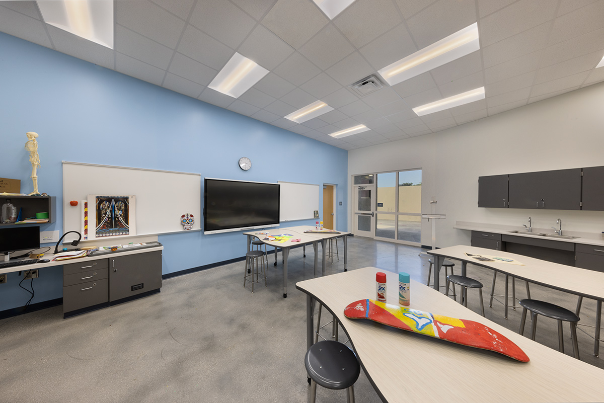 Interior design art room view of the Plumosa School of the Arts in Delray Beach. FL. 